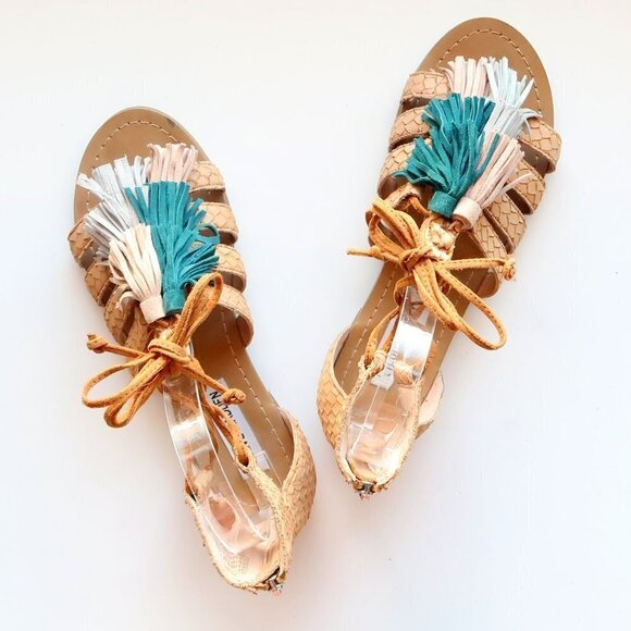Steve Madden Monrowe Tan Leather Ankle Tie Tassel Gladiator Sandals Summer Shoes - Picture 11 of 15